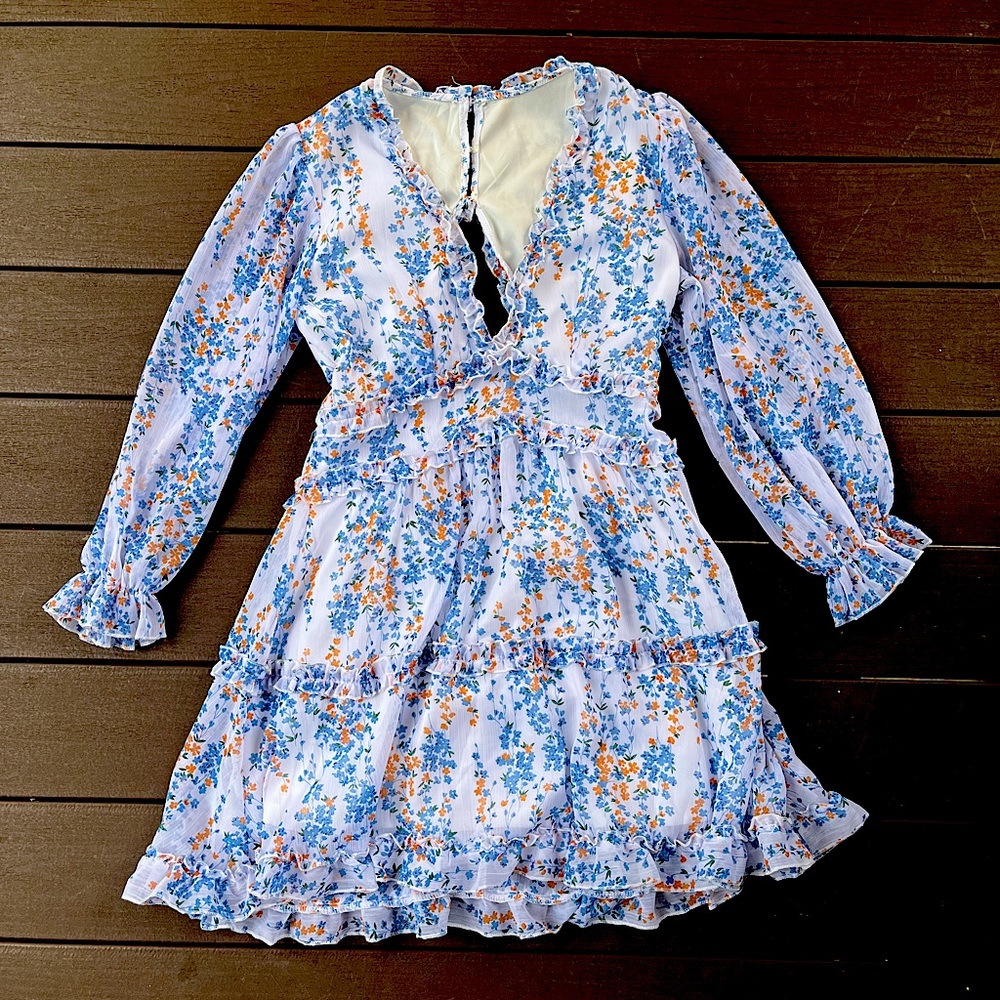 white blue and orange floral long sleeve dress